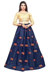 F Plus Fashion Satin Blue/Golden Color Embroidered Women's Wedding Wear Lehenga Choli (Free Size )Blue/Golden .
