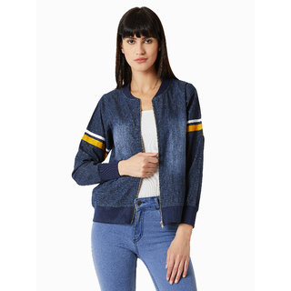 Miss Chase Women's Navy Play With Trims Denim Bomber Jacket