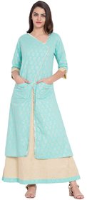 Desi Kala Women's Attached Skirt Designer Block Printed Gota Green Dress (Desi_Kala_19_XS)