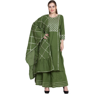                       Desi Kala Women's Premium Cotton Gota Work Kurta Palazoo Dupatta Set (DESI_KALA_3-S, Green)                                              