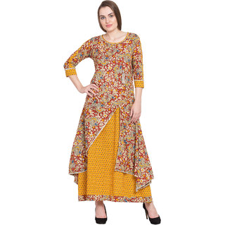 Desi Kala Women's Premium Cotton Gota Work Attached Skirt Dress (DESI_KALA_5-S, Mustard)