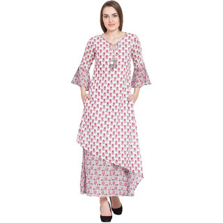                       Desi Kala Women's Premium Cotton Attached Skirt Dress with Mirror Tassel (DESI_KALA_7-S, White)                                              