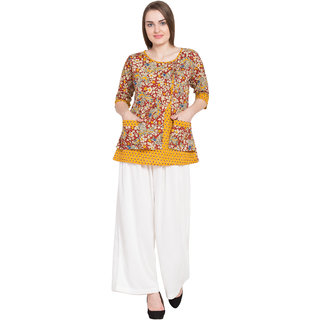                       Desi kala Women's Cotton Double Layered Kalamkari Designer Top (DESI_KALA_9-S, Mustard)                                              