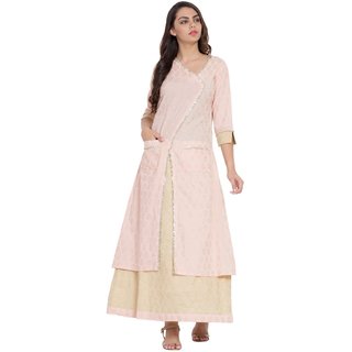 Desi Kala Women's Attached Skirt Designer Block Printed Gota Peach Dress (Desi_Kala_18_XS)