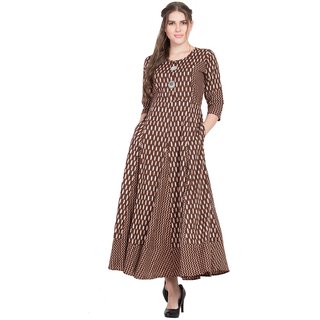 Desi Kala Women's Ikkat Kalidar Brown Maxi Dress with Designer Buttons and Belt (Desi_Kala_21_M)