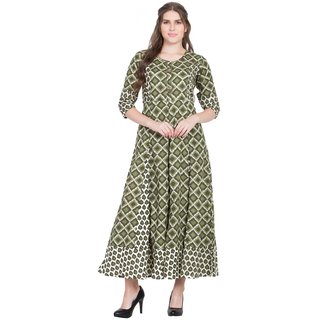 Desi Kala Women's Ikkat Kalidar Green Maxi Dress with Designer Buttons and Belt (Desi_Kala_22_M)