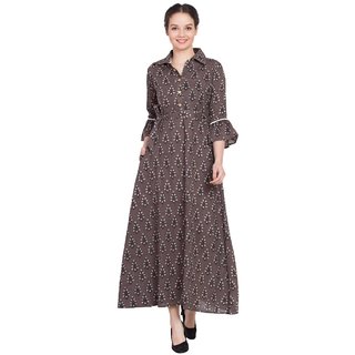                       Desi Kala Women's Brown Cotton Maxi Dress with Collar and Wooden Designer Buttons (Desi_Kala_12_XS)                                              