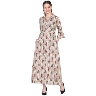 Desi Kala Women's Beige Cotton Maxi Dress with Collar and Wooden Designer Buttons (Desi_Kala_13_XS)