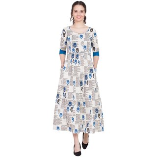                       Desi Kala Women Ikkat Cotton Maxi White and Blue Dress With Belt (Desi_Kala_15_XS)                                              