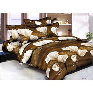 Floral 3D Print Brown Polycotton Double Bedsheet With 2 Pillow cover - (254 x 229 cm)