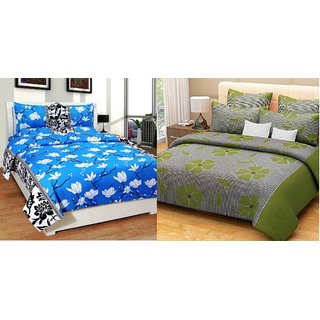 Pack Of 2 Blue & Green Floral Polycotton Double Bedsheet Combo By Choco Creation
