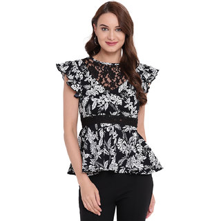 Texco Women Lace Black and White Printed Peplum Top