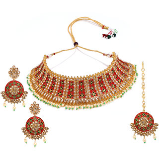 Anesh Golden and Red Trendy Thread Adjustable Hook Handcrafted Choker for Women Girls Ladies
