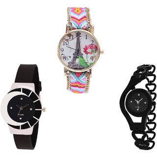Neutron Treading Stylish Paris Eiffel Tower And Chain Analogue Multi Color And Black Color Girls And Women Watch - G310-G8-G68 (Combo Of  3 )