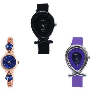 Neutron Latest High Quality Fish Shape And Flower Dimond Analogue Black, Rose Gold And Purple Color Girls And Women Watch - G55-G340-G54 (Combo Of  3 )