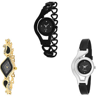 Neutron Latest 3D Design Chain And World Cup Analogue Black And Gold Color Girls And Women Watch - G68-G266-G1 (Combo Of  3 )
