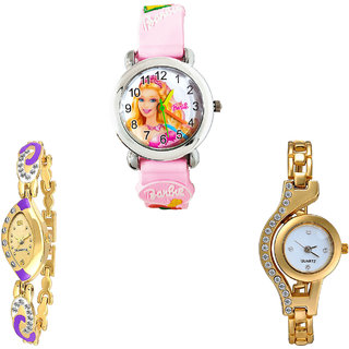 Neutron Classical Love Barbie Doll And Chain Analogue Pink And Gold Color Girls And Women Watch - G7-G124-G115 (Combo Of  3 )