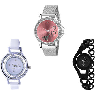 Neutron Latest Fashionable Love Valentine And Chain Analogue Silver, White And Black Color Girls And Women Watch - G286-G50-G68 (Combo Of  3 )