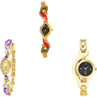 Neutron Treading Fashionable Peacock And Chain Analogue Gold Color Girls And Women Watch - G117-G124-G336 (Combo Of  3 )