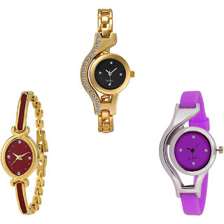 Neutron Latest Chronograph Chain And World Cup Analogue Gold And Purple Color Girls And Women Watch - G114-G122-G4 (Combo Of  3 )
