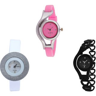 Neutron Modern Unique World Cup, Chronograph And Chain Analogue Pink, White And Black Color Girls And Women Watch - G3-G56-G68 (Combo Of  3 )