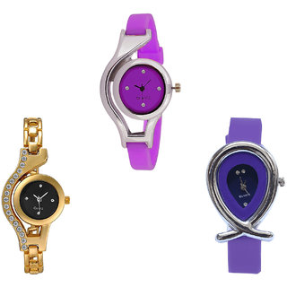 Neutron Latest Stylish World Cup, Chain And Fish Shape Analogue Purple And Gold Color Girls And Women Watch - G4-G114-G54 (Combo Of  3 )