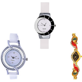 Neutron Latest Unique Peacock Analogue White And Gold Color Girls And Women Watch - G11-G50-G117 (Combo Of  3 )