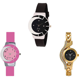 Neutron Best Fashion Chain Analogue Black, Pink And Gold Color Girls And Women Watch - G8-G9-G114 (Combo Of  3 )