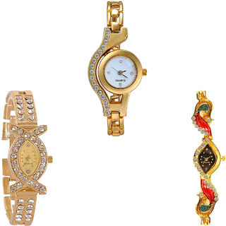 Neutron New Exclusive Chain And Peacock Analogue Gold Color Girls And Women Watch - G115-G125-G117 (Combo Of  3 )