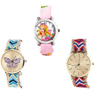 Neutron Treading Quartz Barbie Doll And Butterfly Analogue Pink And Multi Color Color Girls And Women Watch - G7-G136-G168 (Combo Of  3 )