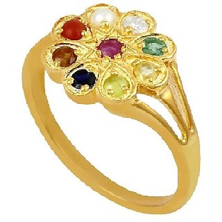                       Natural Certified Navratna Stone Nine Gems Adjustable Gold Plated Ring Fora                                              