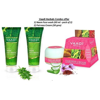                       Vaadi Herbals Neem Face Wash (60ml x 2) and Fairness Cream with Saffron, Aloe Vera, Turmeric extracts (30 gms)                                              