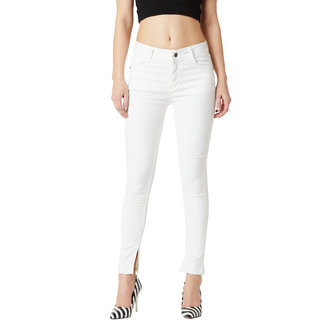 Miss chase Women's White Skinny Mid Rise Clean Look Bleached Side Slit Regular Length Stretchable Denim Jeans