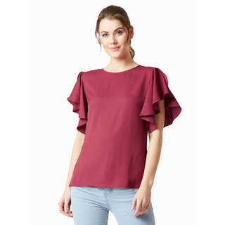                       Miss Chase Women's Maroon Round Neck Short Sleeve Solid Ruffled Top                                              