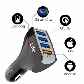                       iLifeTM 4 Port USB Car Charger, iLife Quick Charge 3.0 36W Power Drive 4 for iPhone X / 8/8 Plus/iPad Pro/ Air2 / Mini 4                                              