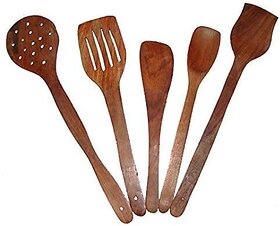 Pack of 5 Kitchen Wooden Skimmer and Serving Spoons, Brown