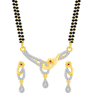 MFJ Fashion Brilliant Curve Shape  Flower Design OG Brass 1 Gram Gold Plated American Diamond Mangalsutra Set For Women
