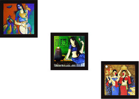 kartik Wall Paintings for Living Room with Wooden Frame and Without Glass - Set of 3