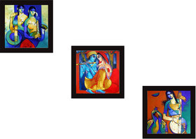 kartik Wall Paintings for Living Room with Wooden Frame and Without Glass - Set of 3