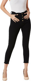Miss Chase Women's Black Skinny High Rise Clean Look Cropped Fringed Hemline Solid Stretchable Denim Jeans