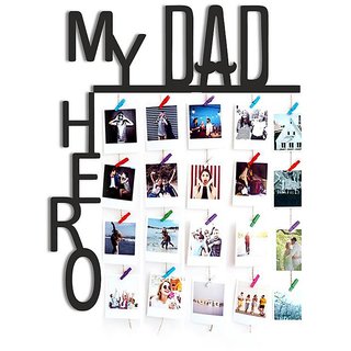 VAH My Dad My Hero wooden Hanging Photo Display Picture Frame Collage Picture Display Organizer with Wood Clips for Wall Decor Hanging Photos