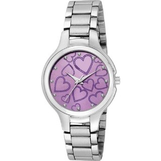                       HRV Purple Shineble Dial Stainless Still Strap Heart Printed Dial Women Watch - For Girls                                              