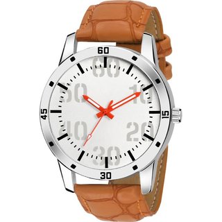                       HRV164-Fanc And Attractive White Dial Brown Leather Strap Watch                                              