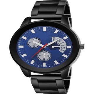 HRV Blue Dial Chronograph Printed Dial Black Steel Chain Watch HRV Blue Dial Chronograph Printed Dial Black Steel Chain Watch
