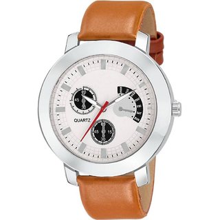                       HRV  Attractive Silver Dial Brown Leather Strap Watch                                              