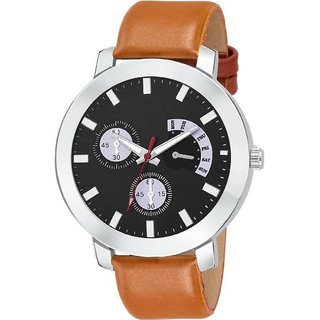                       HRV Attractive Black Dial Brown Leather Strap Watch                                              