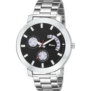                       HRVBlack Chronograph Printed Dial Silver Steel Chain Watch                                              