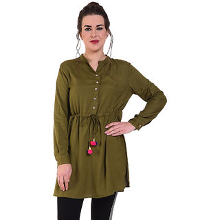                       Popster Khaki green Solid Rayon Collar Regular Fit Long Sleeve Womens Tunic                                              