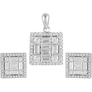 92.5 Sterling Silver Cubic Zirconia Studded Get Framed Square Pendant Earrings Set for Women and Girls