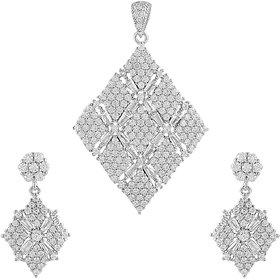 92.5 Sterling Silver Cubic Zirconia Studded Criss-Crossed Kite Pendant Earrings Set for Women and Girls